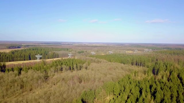 Drone Shot of The Westerbork Synthesis Radio Telescope (WSRT). An aperture synthesis interferometer consisting of a linear array of 14 antennas