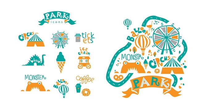 Amusement Park icons set in cartoon style with attractions and Ferris wheel, balloon. Festival, park or fair design