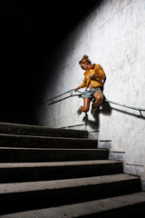 sexy model on night photoshoot on stairs 