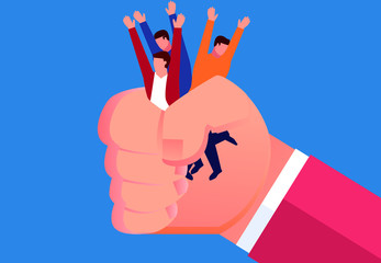 Three businessmen are pinched in the hands of the giant