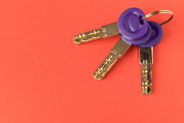 Multiple keys on red background. Security concept.