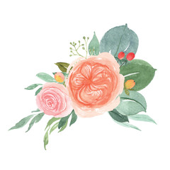 Floral and leaves watercolor elements set hand painted lush flowers. Illustration of rose, peony, little flowers vintage style aquarelle isolated on white background. Design decor for card.