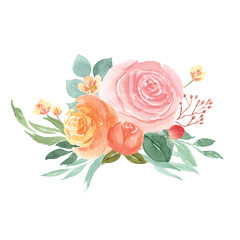 Floral and leaves watercolor elements set hand painted lush flowers. Illustration of rose, peony, little flowers vintage style aquarelle isolated on white background. Design decor for card.