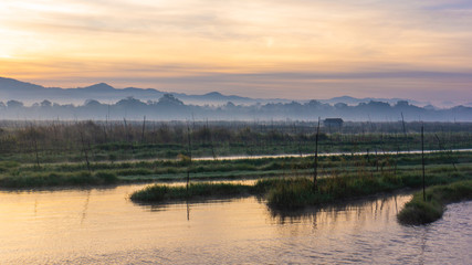 early morning sunrise on a vegetable plantation on Lake Inle, Myanmar, Burma