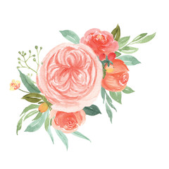 Fototapeta premium Floral and leaves watercolor elements set hand painted lush flowers. Illustration of rose, peony, little flowers vintage style aquarelle isolated on white background. Design decor for card.