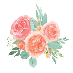 Floral and leaves watercolor elements set hand painted lush flowers. Illustration of rose, peony, little flowers vintage style aquarelle isolated on white background. Design decor for card.