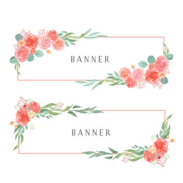 Watercolor florals hand painted with text banner, lush flowers aquarelle isolated on white background. Design border for card, save the date, wedding invitation cards, poster, banner design.