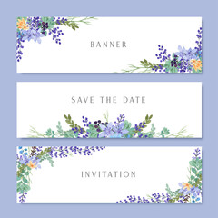 Watercolor flowers with text banner, lush flowers aquarelle hand painted isolated on white background. Design border for card, save the date, wedding invitation cards, poster, banner design..