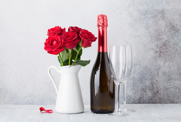 Valentine's day greeting card with roses and champagne
