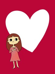 hand drawn illustration of cute happy girl in love with heart