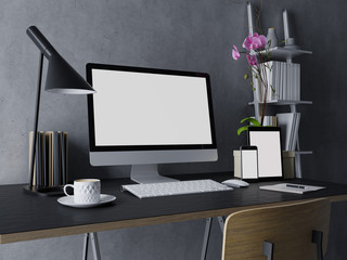 3d render of ready to use mock up template of empty white screen for your apps design on modern space with pc, tab and phone on the right on sleek work desk and concrete wall in three quarter view
