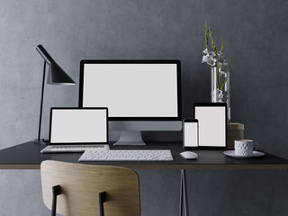 3d illustration render of mockup template of blank white screen for your web design portfolio on elegant workspace with workstation, tablet, laptop, and phone on trendy desk in straight front view
