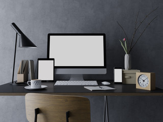 3d rendering mock up template of blank white screen of computer, tablet on the left and smart phone on the right for your portfolio in stylish interior workspace on clean designer desk in front view - obrazy, fototapety, plakaty