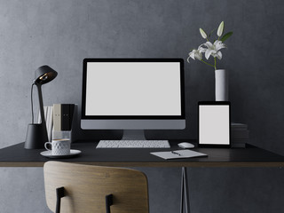 3d illustration of mockup design template of empty white screen for your web design preview on modern designer workspace with workstation and tablet on sleek stylish desk and grey wall in front view