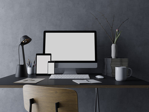 3d illustration of realistic mockup design template of blank white screen for design portfolio on contemporary workspace with computer, tablet and phone on black desk and concrete wall in front view