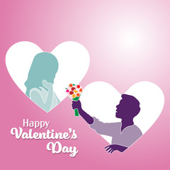 Silhouette Couple Lovers giving flowers in heart sign, Vector Illustration..