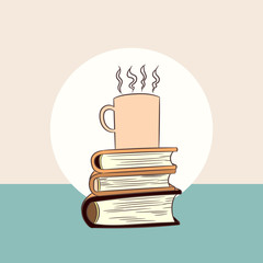 Hot coffee in cub on books, Vector Illustration
