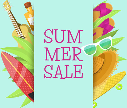 Summer sale banner, brochure, flyer, poster. Best price. Vacation on seaside. Plants, slippers, surf, hat, sunglasses, skateboard, sun cream, guitar. Discount for summer equipment