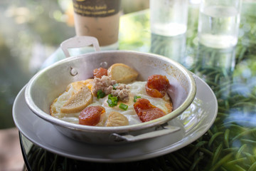 Breakfast with panned egg at the coffee shop on a very rare holiday.