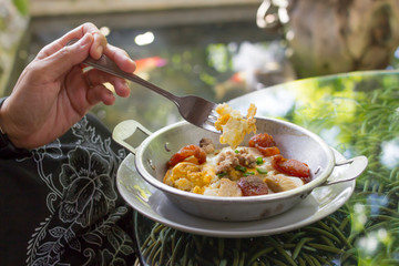 Breakfast with panned egg at the coffee shop on a very rare holiday.