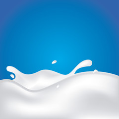 Vector milk splash with splashes isolated on a blue background. Element for design, advertising, promotion of dairy products. 