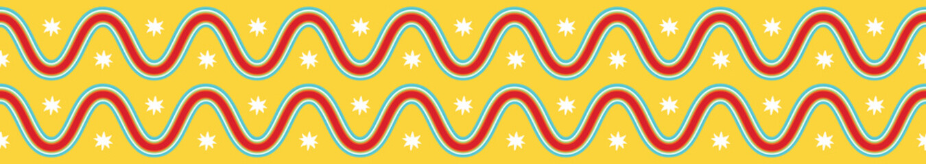 Colorful 1970's pop art seamless stylized wave pattern border in red, yellow and turquoise. Fun throwback beachy vector repeat. Has a California surf feel.