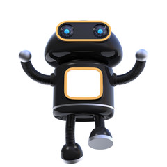 Front view of cute robot jumping up with his hands raised isolated on white background. Copy space on the monitor. 3D rendering image.