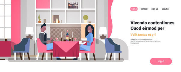 couple sitting cafe table romantic dinner happy valentines day celebration concept african american man woman love dating modern restaurant interior horizontal copy space flat