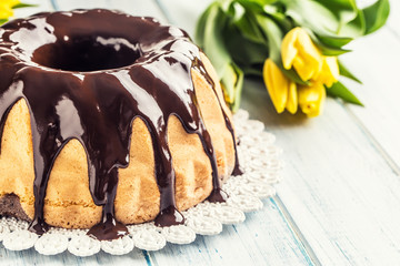 Delicious holiday slovak and czech cake babovka with chocolate glaze. Easter decorations - spring tulips and eggs