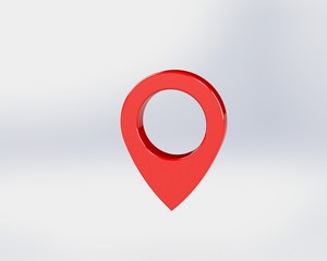 LOCATION pin glossy red arrow. The concept of tagging a sign landmark needle tip to create a route search. Isolated on white background 3D rendering 3D.