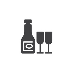 Champagne bottle and glasses vector icon. filled flat sign for mobile concept and web design. Festive toast glasses with champagne simple solid icon. Symbol, logo illustration. Pixel perfect vector
