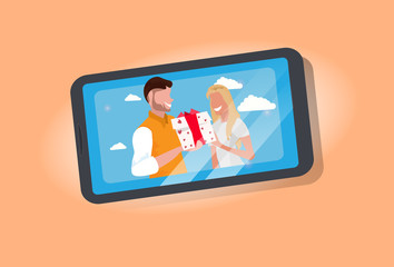 man giving woman gift box wrapped surprise happy valentines day holiday celebration concept couple in love smartphone screen female male characters portrait horizontal