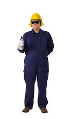 Full body portrait of a worker in Mechanic Jumpsuit isolated on white background