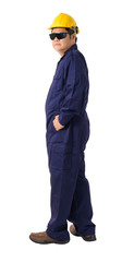 Full body portrait of a worker in Mechanic Jumpsuit isolated on white background