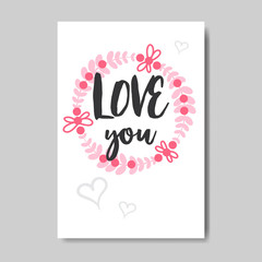 love greeting card happy valentines day concept pink heart decoration lettering hand drawn doodle style postcard
