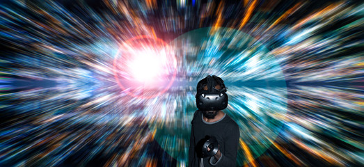 Man in VR headset on bright flashes background