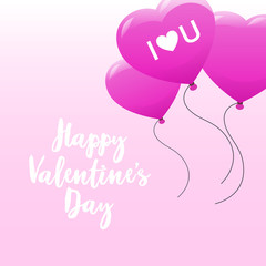 Happy valentines day concept holiday celebration poster with hand drawn text heart shape air balloons pink background flat