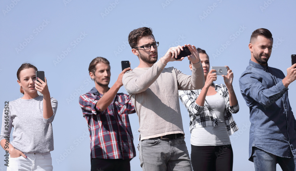 Sticker group of students taking selfie with smartphone