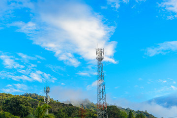Telecommunication Tower. Cell Phone Signal Tower on blue sky background