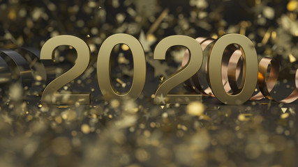 Golden  2020 number with confetti and serpentine