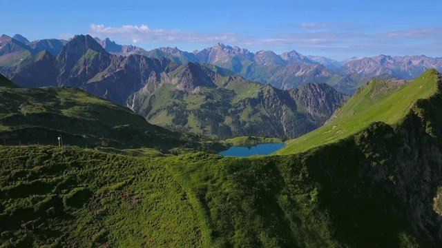 Aerial view of Lake Seealpsee at Nebelhorn and the Allgau Alps near Oberstdorf, Allgau, Swabia, Bavaria, Germany, Europe