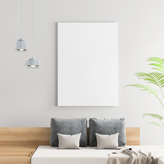 Mock up poster frame in Scandinavian style hipster interior. White modern interior. 3D illustration.