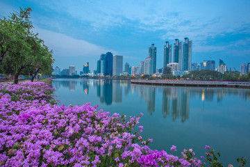 Background of flowers by the pool, wallpaper, high-rise buildings (condominiums, offices) that are located by the pool, parks, fitness areas of nearby residents.