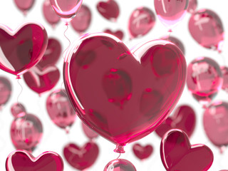 Fototapeta na wymiar Valentine's day abstract background with red 3d balloons. Heart shape. February 14, love. Romantic wedding greeting card. Women's, Mother's day. 3d rendering.