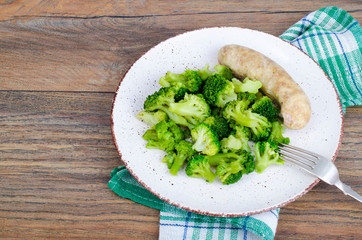Boiled broccoli with sausage