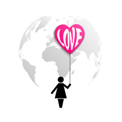 Planet Earth and icon of a woman holding red air balloon heart with word love isolated on white background.