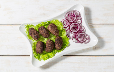 Fried meatballs köfte. The view from the top. Copy-space.   