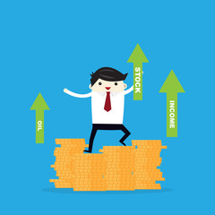 Fototapeta premium Businessman stand on pile of coins and a positive trend graph. Business and finance concept.