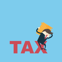 Tax concept. Businessman sit on tax. Financial crisis, economic depression, crash financial