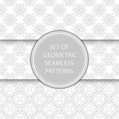 Compilation of geometric seamless patterns. Gray designs on white background